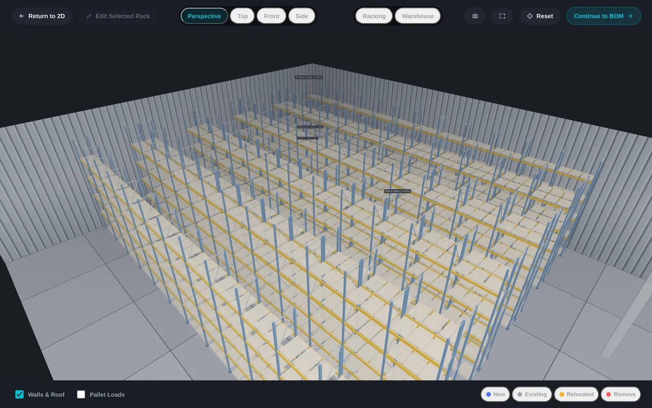 3D view of the racking layout with frames, beams and decking inside the warehouse