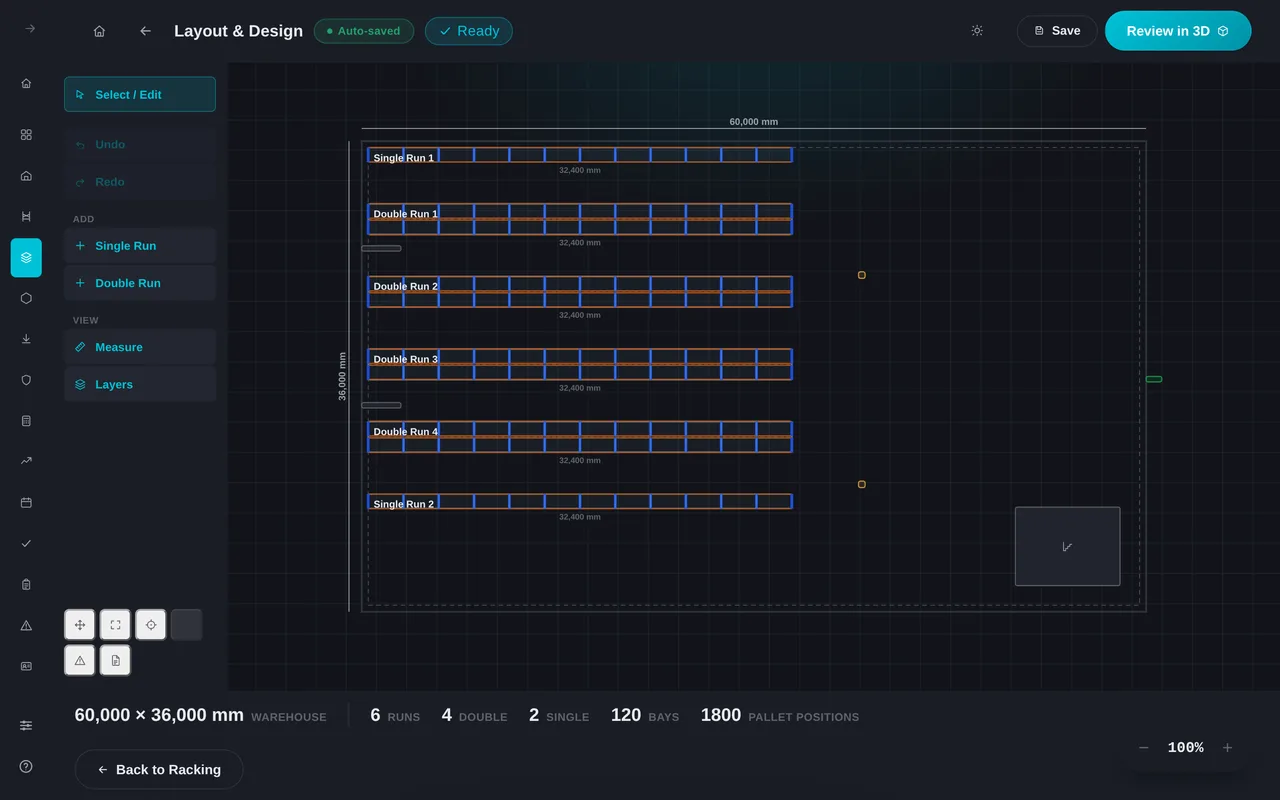 Layout editor showing single and double racking runs inside the warehouse outline