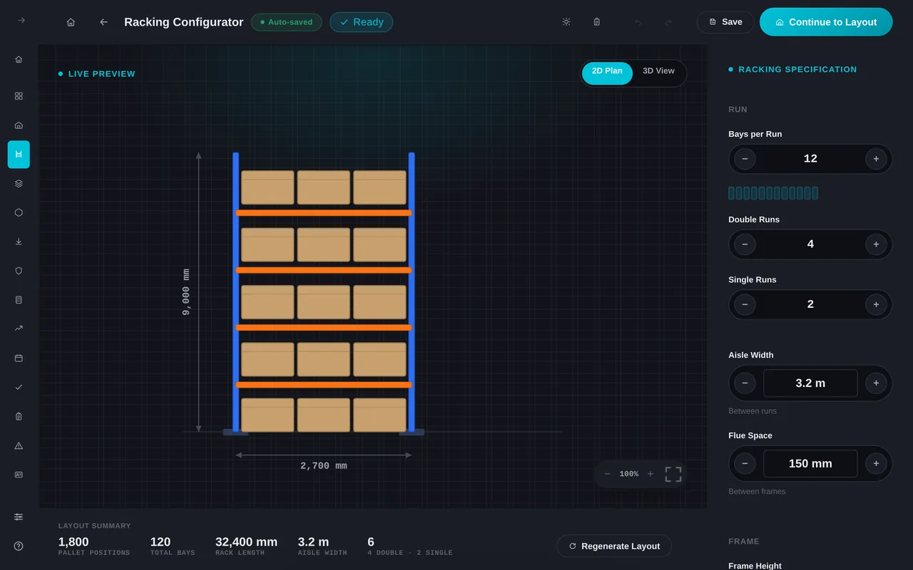 Racking Configurator with the live frame preview and the racking specification panel